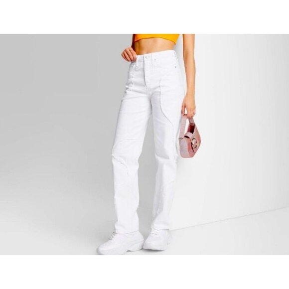 Women's Super-High Rise Frayed Seam Straight Jeans - Wild Fable White 00 (NEW) - Picture 1 of 5